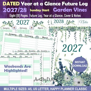 Könnte beinhalten: Ein datierbares 2027/28 Planer-Set mit Gartenranken-Motiv und Illustrationen von Sukkulenten und Blumen. Die Seiten enthalten Jahresübersichten, Monatspläne mit hervorgehobenen Wochenenden sowie eine Notizseite mit einem Start am Sonntag.
