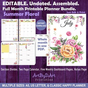 Paquete de planificador mensual completo ensamblado y editable para A5, tamaño carta y Happy Planners. Incluye portada, calendario, panel de control y página de notas, diseño floral de verano.