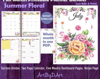 EDITABLE Assembled Full Month Planner Bundle for A5, US Letter, and Happy Planners, Cover, Calendar, Dashboard, Notes Page, Summer Floral
