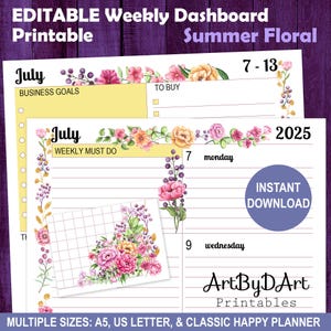 EDITIERBARE Wöchentliches Dashboard für A5, US Letter und Happy Planner, hübsche Planerseiten, Sommerblumenkollektion