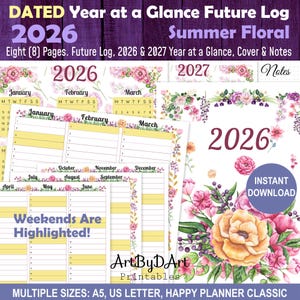 2026 DATED Year at a Glance & Future Log for A5, US Letter and Classic Happy Planners, Decorated Yearly Overview in Summer Floral Design