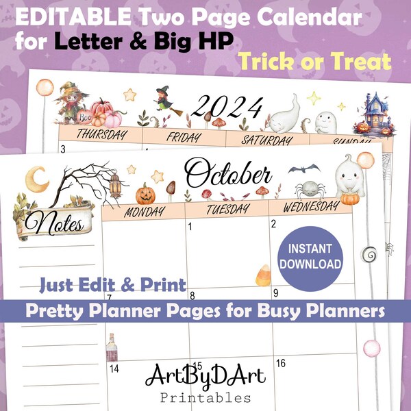 EDITABLE 2 Page Monthly Calendar Printable for Letter size Big Happy Planner, Decorated Halloween Theme, Pretty Planner for Busy Planners