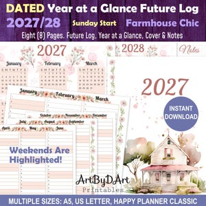 Könnte beinhalten: Ein digitales Planer-Set mit dem Titel DATED Year at a Glance Future Log 2027/28, bestehend aus acht Seiten mit Kalendern, Zukunftslogs und Notizen. Das Design umfasst florale Akzente, eine Bauernhaus-Illustration und einen Sonntag-Start.