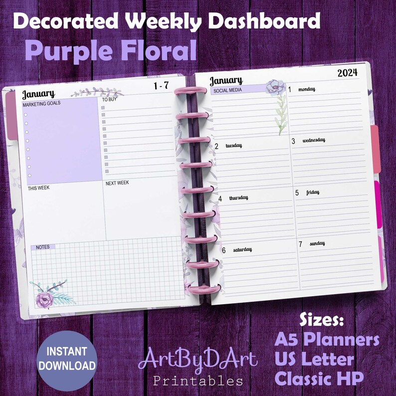 EDITABLE Floral Theme Printable Weekly Dashboard for A5, US Letter, and ...