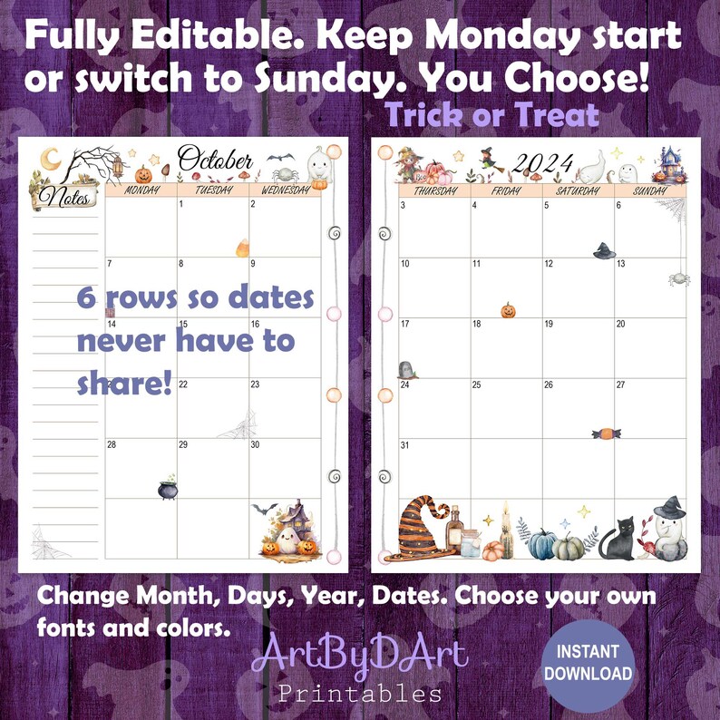 EDITABLE Halloween Theme Printable Monthly Calendar for A5, US Letter ...