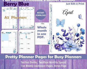 EDITABLE Assembled Full Month A5 Planner Bundle Already Decorated in Floral Berry Blue Theme, Cover, Calendar, Weekly Dashboard, Notes Page