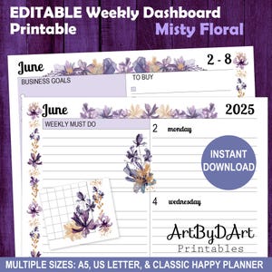 EDITIERBARE Wöchentliches Dashboard für A5, US Letter und Happy Planner, hübsche Planerseiten, Misty Floral Collection