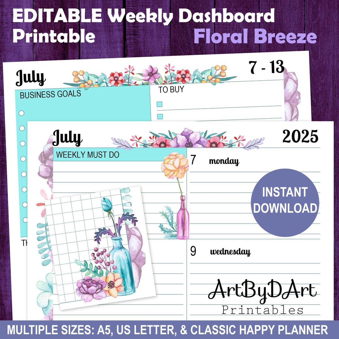 EDITABLE Floral Theme Printable Weekly Dashboard for A5, US Letter, and ...
