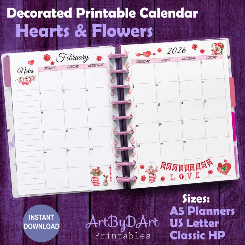 EDITABLE Valentine Theme Printable Monthly Calendar for A5, US Letter ...