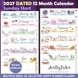 Peut inclure: Un calendrier daté de 12 mois pour 2027 commençant le dimanche, avec des illustrations saisonnières à l'aquarelle pour chaque mois. La mise en page comprend une section de notes pour chaque mois, avec des étiquettes pour les mois et les jours. Disponible en formats A5, US Letter et Happy Planner Classic.