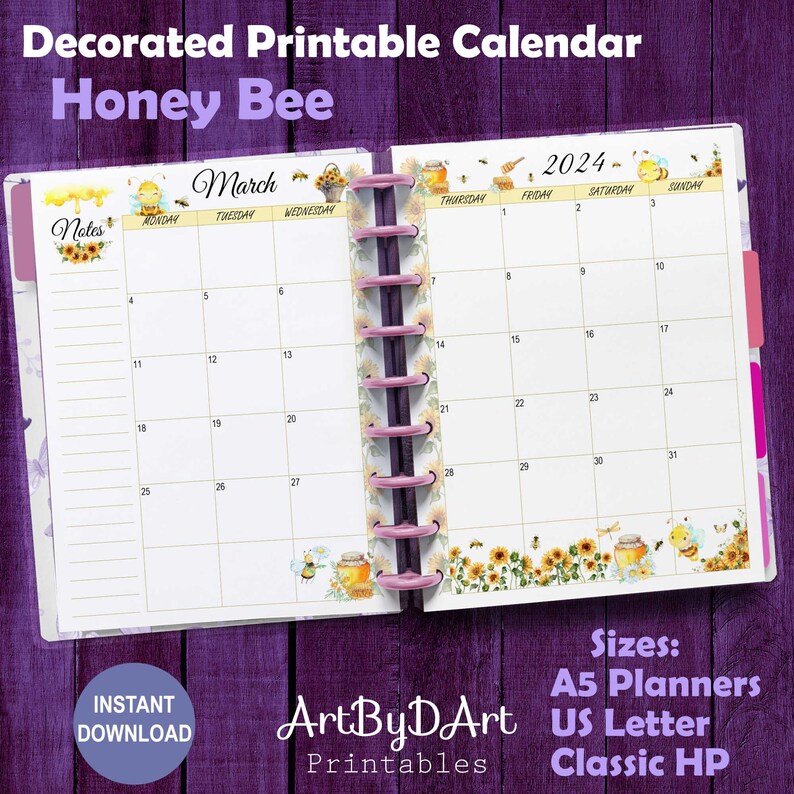 EDITABLE Sunflower Theme Printable Monthly Calendar for A5, US Letter ...