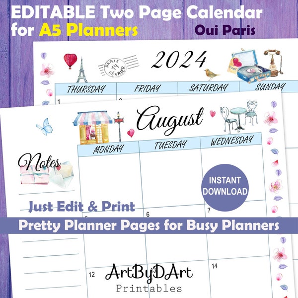 EDITABLE 2 Page A5 Planner Calendar Printable, Already Decorated with Parisian Cafe A5 Planner Pages Pretty Planner Pages for Busy Planners