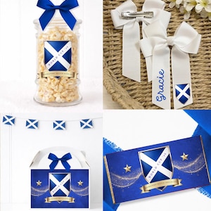 May include: A selection of Scottish-themed merchandise. Includes a jar of popcorn with a blue bow, white hair bows with the name "Gracie", a box, and a chocolate bar, all bearing the Scottish flag and "World Cup '16" text.