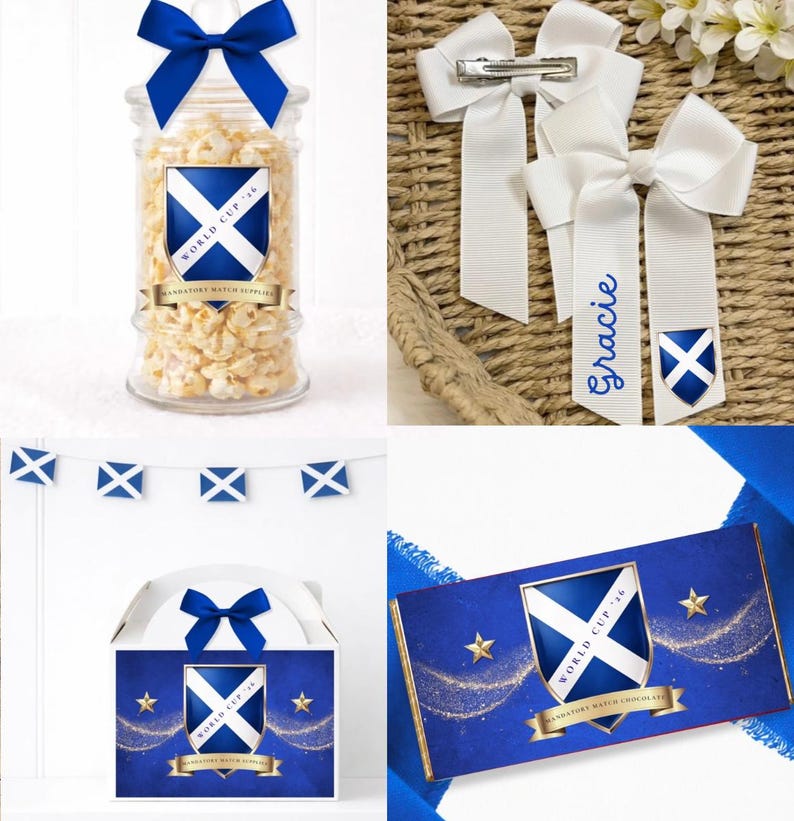 May include: A selection of Scottish-themed merchandise. Includes a jar of popcorn with a blue bow, white hair bows with the name "Gracie", a box, and a chocolate bar, all bearing the Scottish flag and "World Cup '16" text.