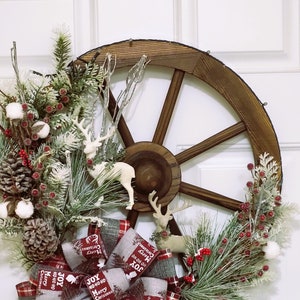 Christmas Wreath for Front Door, Winter Wreath-Farmhouse Wagon Wheel Wreath,  Home Decor for Outdoor Indoor, Reef, Windows, Wall, Holiday Decoration 16  