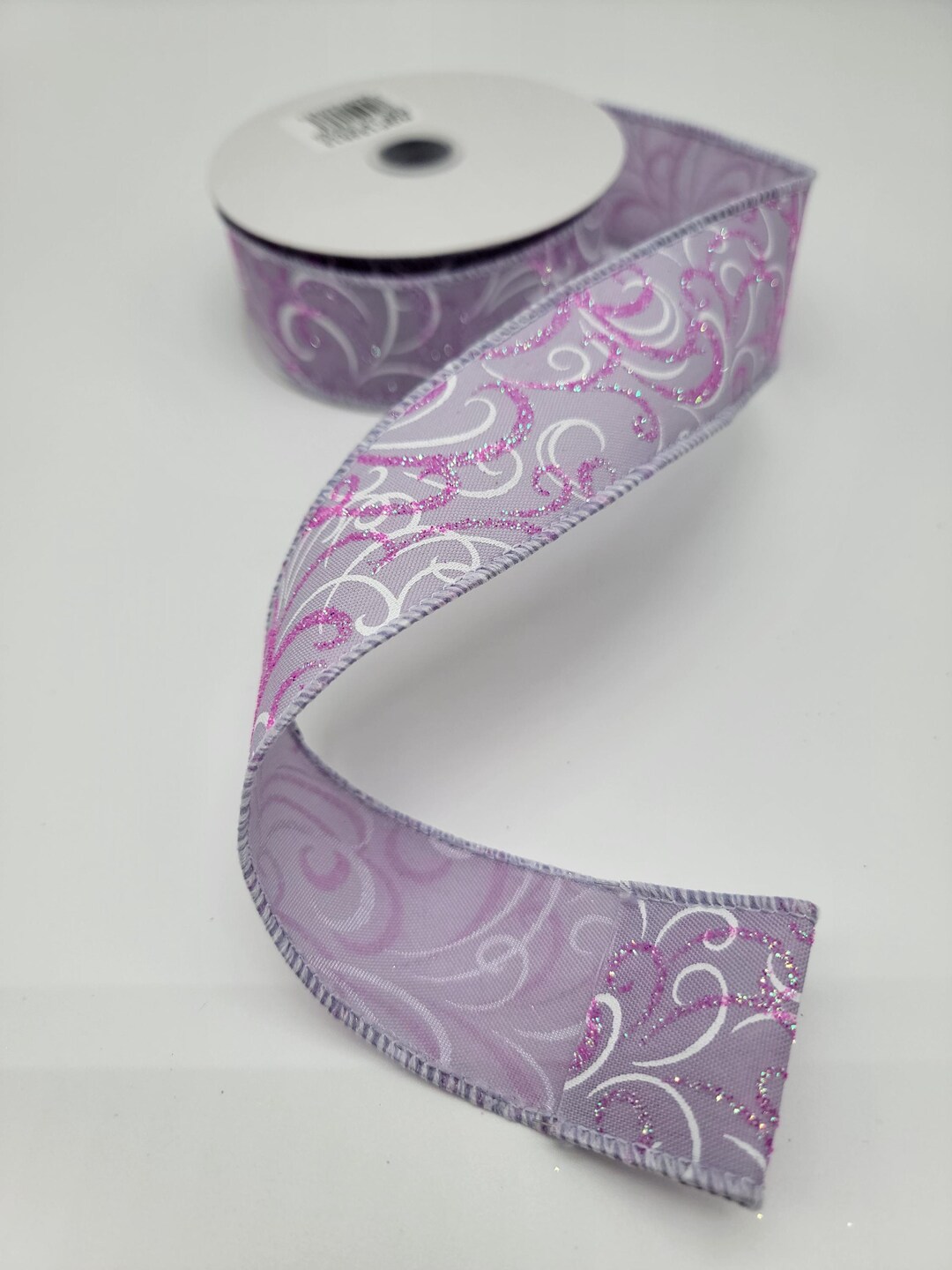 Pink Swirl Ribbons Glittered Multi Swirls Ribbon: Iridescent Pink & White on Lavender 1.5 ...