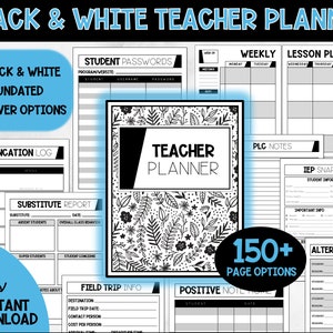 Teacher Planner Binder Black and White // printable, download, insert, pdf, lesson planner, grade book, agenda, attendance, calendar