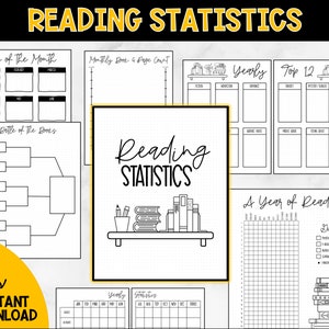 May include: Printable reading tracker pages with a black and white design. The pages include sections for book of the month, monthly book and page count, yearly statistics, top 12 books, battle of the books, and a year of reading.
