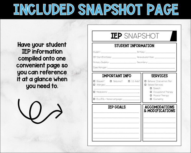 IEP Snapshot Summary Black and White // Special Education Etsy
