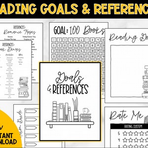 Op de afbeelding: Zwart-witte printbare leesdoeltracker met een boekenkast-illustratie, een raster om 100 boeken bij te houden, een lijst met boekgenres en een sectie om boeken te beoordelen. De tekst "Leesdoelen & Referenties" staat bovenaan de pagina.