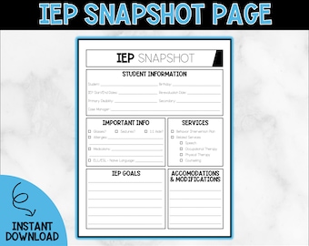 IEP Snapshot Zusammenfassung schwarz und weiß // Sonderpädagogik, Lehrer, printable, Download, Einfügen, pdf, US letter-Größe