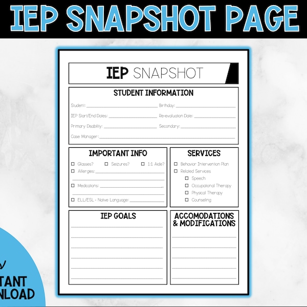 IEP Snapshot Summary Black and White // special education, teacher, printable, download, insert, pdf, US letter size