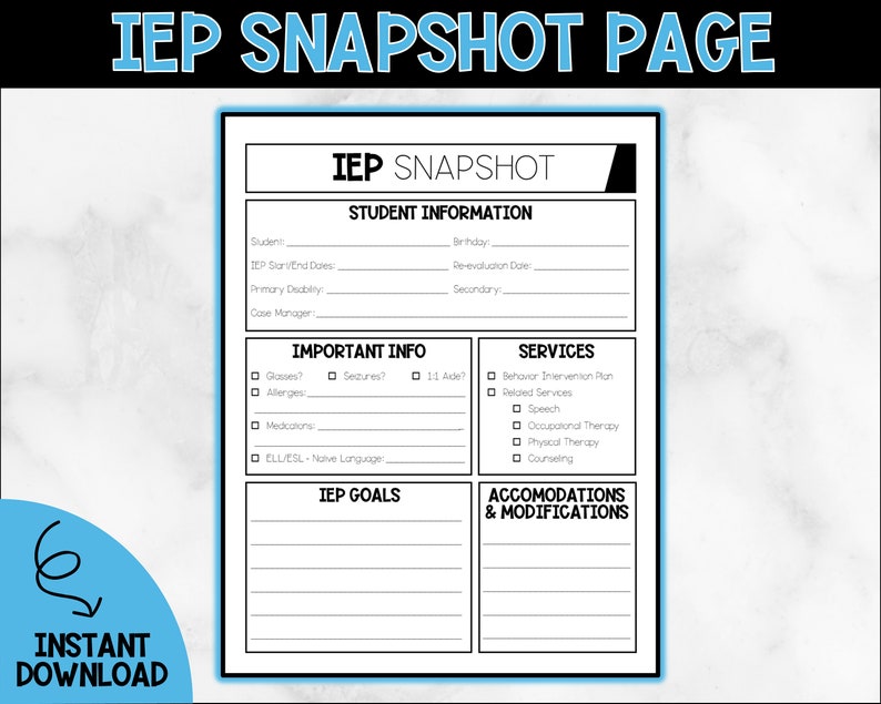 IEP Snapshot Summary Black and White // Special Education Etsy