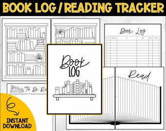 May include: Black and white printable book log and reading tracker with a bookshelf, a book with the text "Read" and the text "Book Log".