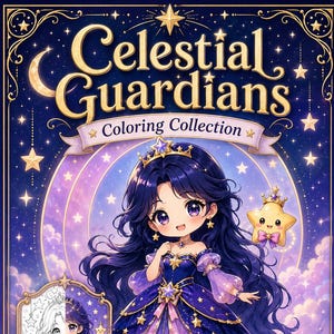 Puede incluir: Un libro para colorear titulado Celestial Guardians Coloring Collection que presenta a un personaje de cabello oscuro con un vestido azul y morado con estampado de estrellas y corona, una pequeña estrella y una vista previa en blanco y negro.
