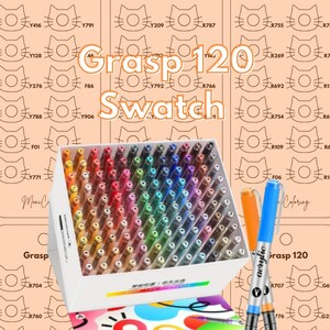 以下が含まれることがあります： 白箱に入った120本のGraspアクリルマーカーセット。さまざまな色が表示されています。オレンジと青の2本のマーカーが表示されています。箱には「Grasp 120 Swatch」と書かれています。