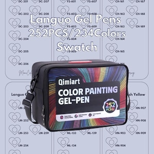 Peut inclure: Une trousse noire avec un graphisme coloré de stylos gel, accompagnée d'échantillons de couleurs étiquetés "Languo Gel Pens" avec 234 couleurs et 252 pièces. La trousse a une bandoulière et le texte "Qimiart COLOR PAINTING GEL-PEN".