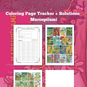 以下が含まれることがあります： 「Coloring Page Tracker + Solutions Marsupilami」というタイトルのピンクと白の塗り絵。トラッカーページ、イラストページ、白い背景にプラス記号が含まれています。