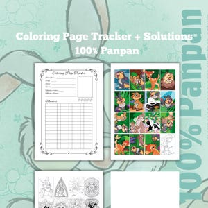 Könnte beinhalten: Ein Malbuch mit dem Text "Coloring Page Tracker + Solutions 100% Panpan". Es enthält einen Malvorlagen-Tracker, eine Seite mit farbigen Bildern und Seiten mit Schwarz-Weiß-Strichzeichnungen.