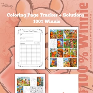 Könnte beinhalten: Ein Disney Winnie the Pooh Malbuch mit dem Text "Coloring Page Tracker + Solutions 100% Winnie". Das Buch enthält Malvorlagen, einen Tracker und die Worte "Mandalas, coloriages mystères, scènes..." im Hintergrund. Das Bild hat ein rosa-weißes Farbschema.