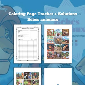 Könnte beinhalten: Ein Malvorlagen-Tracker und Lösungsleitfaden mit dem Text "Coloring Page Tracker + Solutions" und "Bébés animaux". Der Leitfaden enthält einen Tracker, eine Seite mit Illustrationen und eine Seite mit Bildern. Der Hintergrund ist blau.