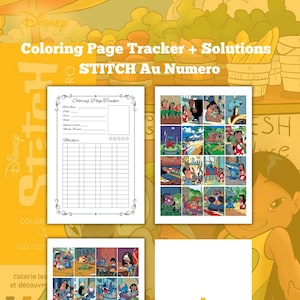 Puede incluir: Un libro para colorear de Disney en amarillo y blanco, titulado "Coloring Page Tracker + Solutions STITCH Au Numero". El libro presenta imágenes de Stitch y Lilo, un rastreador y páginas para colorear.