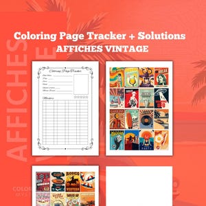 May include: A vibrant image featuring a coloring page tracker and vintage poster designs. The posters showcase retro themes like cinema, surfing, and summer cocktails. The text includes "Coloring Page Tracker + Solutions" and "AFFICHES VINTAGE".