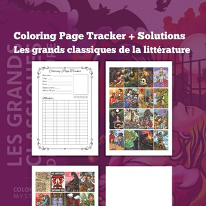 May include: A purple and white coloring book with the text "Coloring Page Tracker + Solutions" and "Les grands classiques de la littérature". The book includes a tracker page and pages with illustrations. The background is a purple and orange gradient.