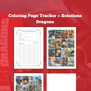 Könnte beinhalten: Ein digitales Dokument mit dem Titel Coloring Page Tracker + Solutions Dragons, das ein Tracker-Blatt mit Feldern für Buchtitel, Seite, Sterne, Datum, Anzahl der Farben und Marker sowie zwei Raster mit farbigen Drachenillustrationen und ein Pluszeichen enthält.