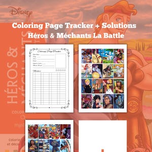 Könnte beinhalten: Ein druckbarer Malblatt-Tracker und Lösungen für Disneys Helden und Schurken: Die Schlacht. Der Tracker enthält eine Checkliste für Malblätter und einen Bereich zum Markieren der Anzahl der verwendeten Marker. Die Lösungen zeigen ein Raster mit 16 Bildern von Charakteren aus Disney-Filmen.