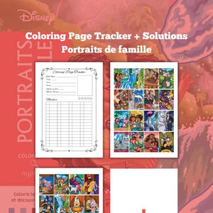 May include: A Disney colouring book with the text "Coloring Page Tracker + Solutions Portraits de famille." The book includes colouring pages and a tracker. The cover is red and white with illustrations of Disney characters.