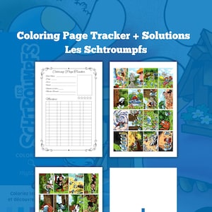 May include: A coloring page tracker and solutions for Smurfs coloring pages. The tracker includes a section for recording the number of pages colored, the number of markers used, and a rating system. The solutions section includes a grid of 16 images of Smurfs scenes.