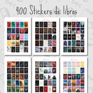 Puede incluir: Conjunto de hojas de pegatinas con portadas de libros, organizadas por género, incluyendo fantasía, romance y romance oscuro. El texto "400 Stickers de libros" se encuentra en la parte superior.