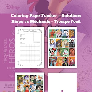 Puede incluir: Un libro para colorear de Disney con el título "Coloring Page Tracker + Solutions Héroes vs Villanos - Trompe l'oeil". El libro presenta un rastreador, una página de héroes y villanos de Disney y un signo más.