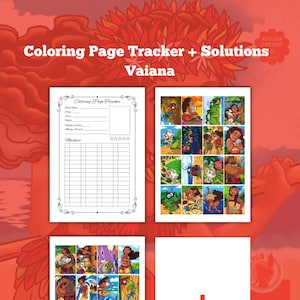 Puede incluir: Un modelo de seguimiento de páginas para colorear y soluciones para un libro para colorear con el tema de Moana. El seguimiento incluye una sección para registrar la fecha, el número de página, el número de colores utilizados y un sistema de calificación. La hoja de soluciones muestra las páginas para colorear completadas.