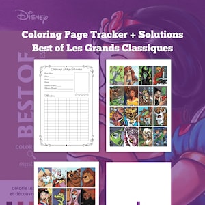 以下が含まれることがあります： ディズニーのクラシック映画のキャラクターが登場する塗り絵。表紙には、ベル、アリエル、アラジンなどのキャラクターのコラージュが描かれています。この本には、塗り絵の進捗状況を追跡するためのページと、各ページの解答が含まれています。