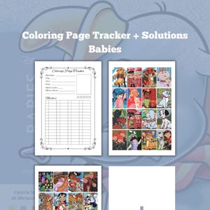 Op de afbeelding: Een printbare kleurplaattracker en oplossingen voor Disney Baby-personages. De tracker bevat een sectie voor de naam van het kind, de datum, het paginanummer, het aantal gebruikte kleuren en een beoordelingssysteem. De oplossingspagina toont een raster met 20 kleine afbeeldingen van Disney Baby-personages.