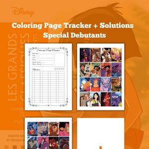 Puede incluir: Un gráfico naranja con el logotipo de Disney y el texto "Coloring Page Tracker + Solutions Special Debutants". La imagen incluye un rastreador de páginas para colorear, una página de imágenes de personajes y una página con un signo más.