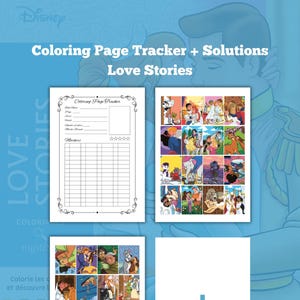 Op de afbeelding: Een kleurplaat-tracker en oplossingen voor Disney-liefdesverhalen. De tracker heeft een ruimte om de datum, paginanummer, aantal gebruikte kleuren en een beoordelingssysteem vast te leggen. De oplossingspagina toont een raster met 25 afbeeldingen van Disney-koppels.