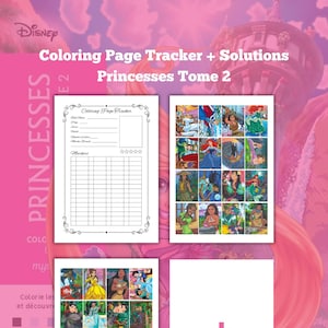 Könnte beinhalten: Ein rosa Disney-Malbuch mit dem Titel "Coloring Page Tracker + Solutions Princesses Tome 2". Das Buch enthält Illustrationen von Disney-Prinzessinnen und einen Malvorlagen-Tracker. Das Cover hat das Disney-Logo.